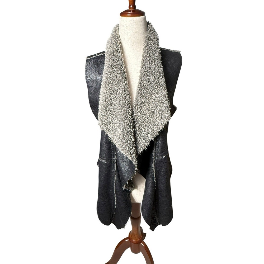 Dylan‎ Textured Black Gray Sleeveless Faux Fur Drape Vest Open Front XS